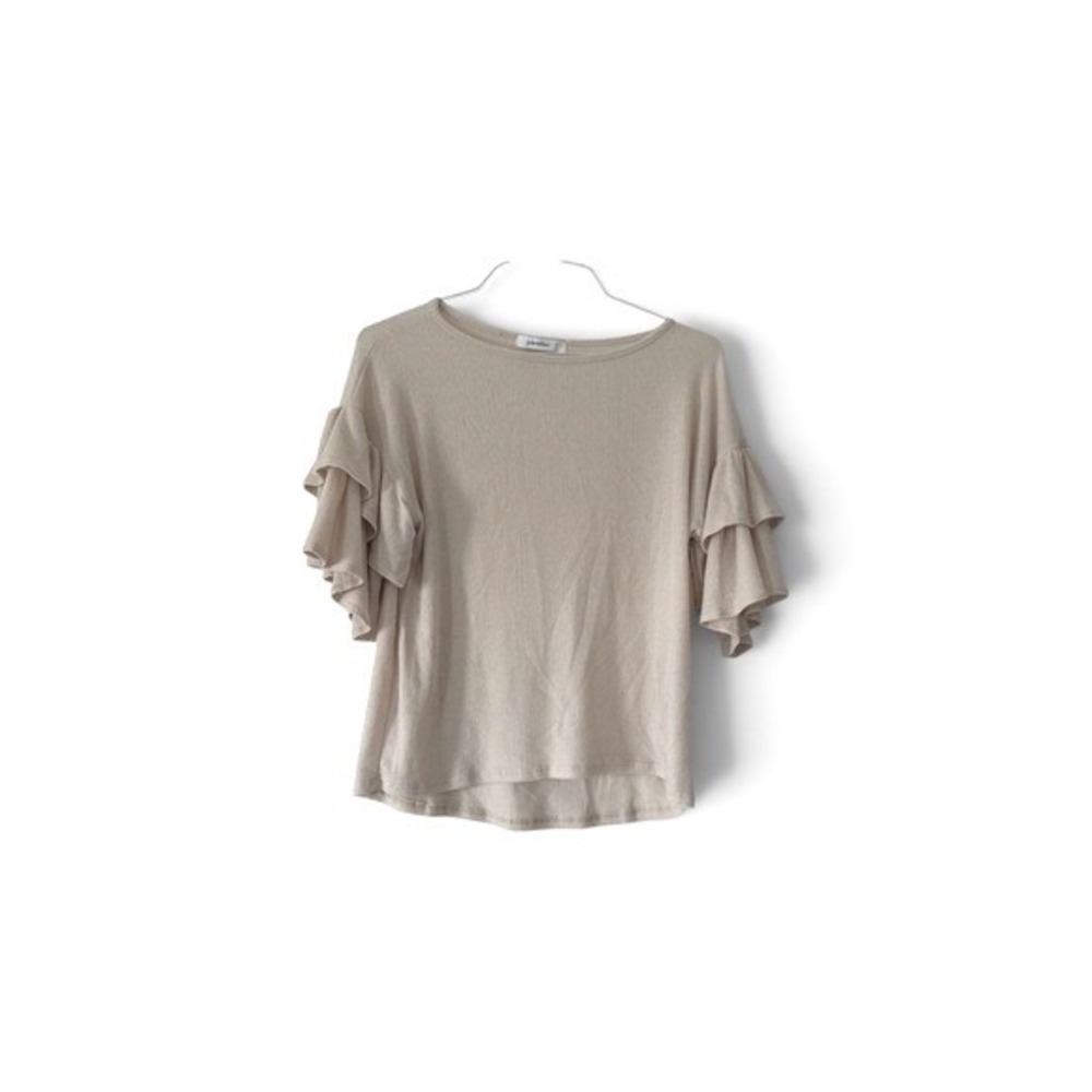 Julie Billiart‎ Beige Waffle Knit Ruffle Tiered Sleeve Top Blouse Large DB4962